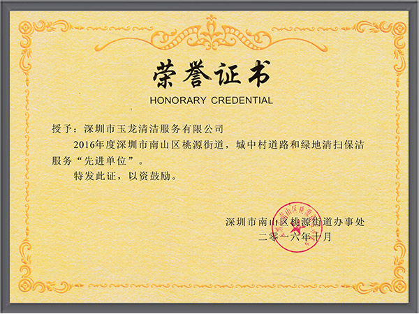 乐冠体育环保-2016年度桃源街道先进单位荣誉证书
