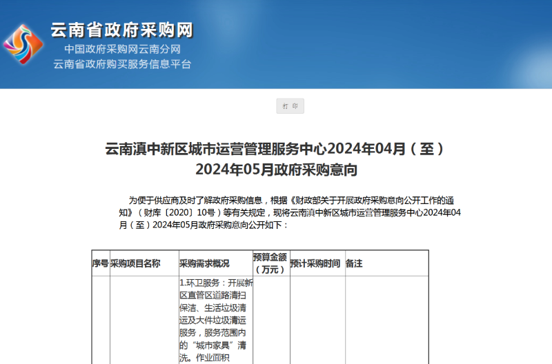 乐冠体育环保：云南滇中新区城市大管家项目计划于2024年5月招标